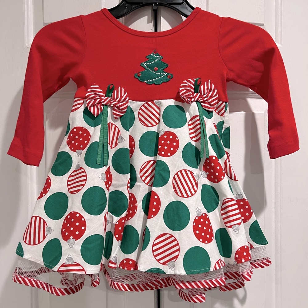 ADORABLE 🥰 🎄 Christmas Party Dress , Red Bodice, Ornament Skirt, Lined & Bows
